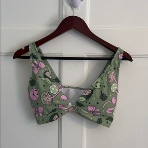 ROMWE Green Bikini Top with Pink and Black Bow, Mushroom, Clover & Smiley Design